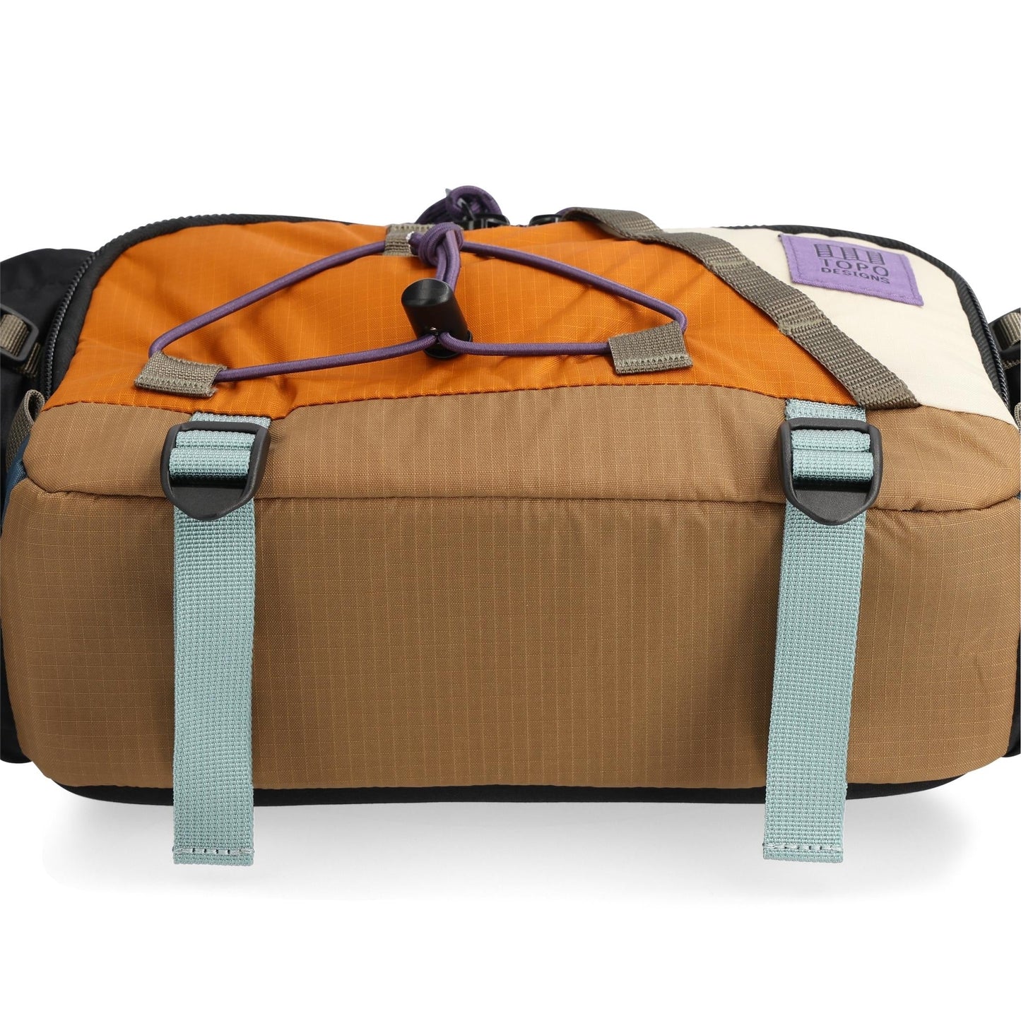 General Detail shot of Topo Designs Mountain Hydro Hip Pack in "Pond Blue / Spice"