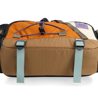 General Detail shot of Topo Designs Mountain Hydro Hip Pack in "Pond Blue / Spice"