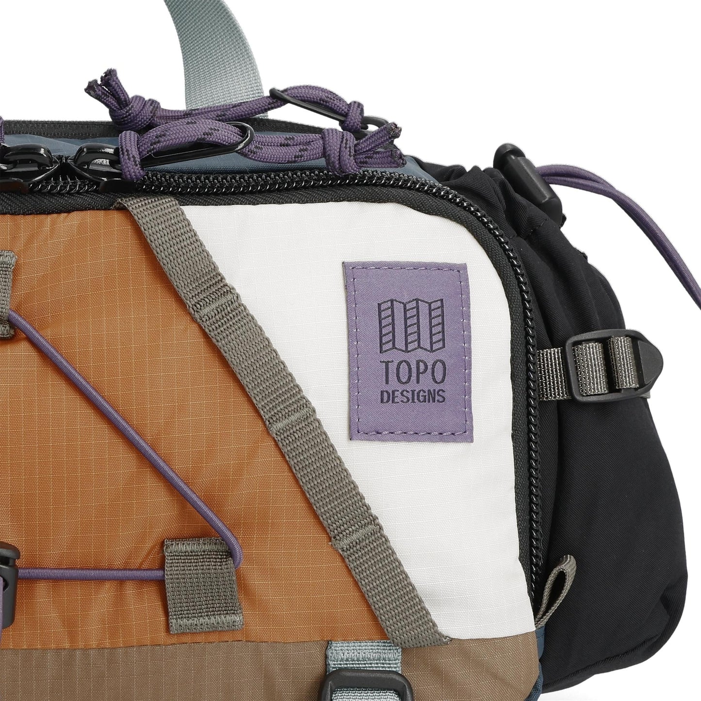 General Detail shot of Topo Designs Mountain Hydro Hip Pack in "Pond Blue / Spice"