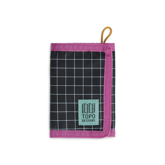 Front View of Topo Designs Tri-Fold Wallet in "Black / White Grid"
