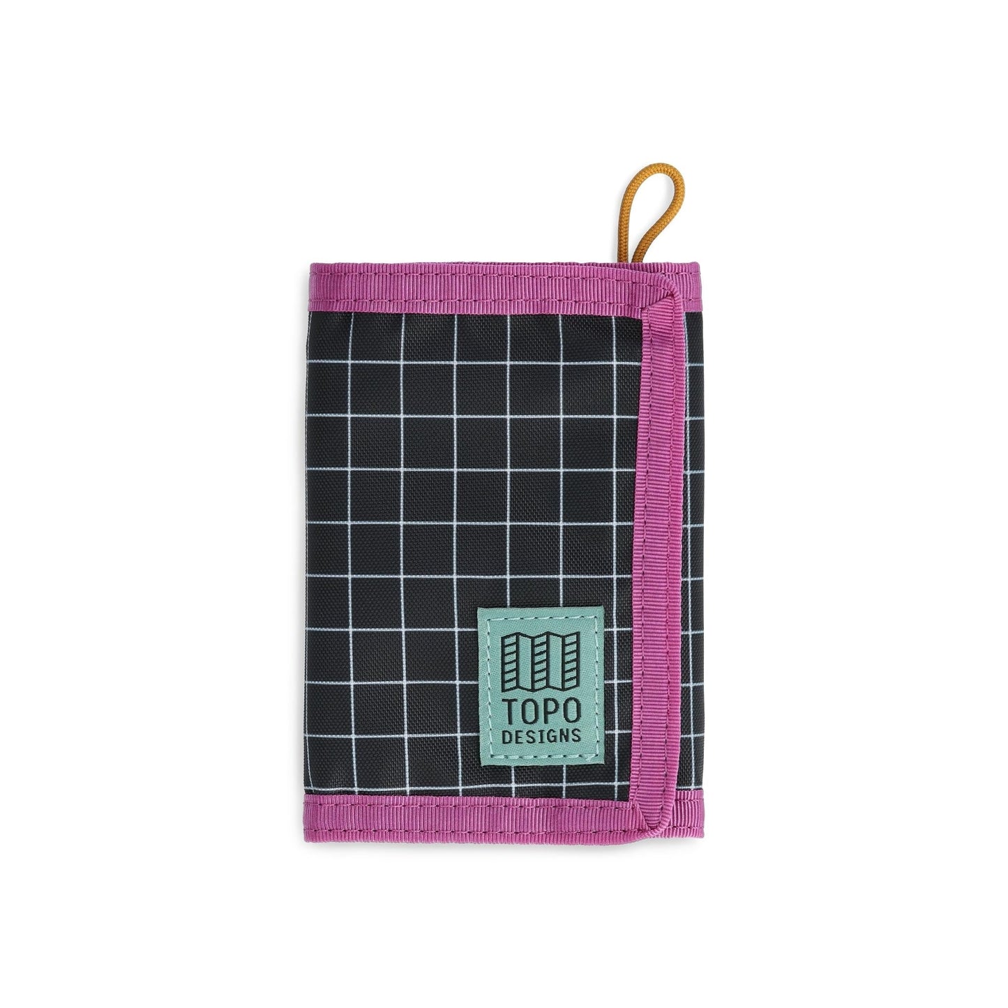 Front View of Topo Designs Tri-Fold Wallet in "Black / White Grid"