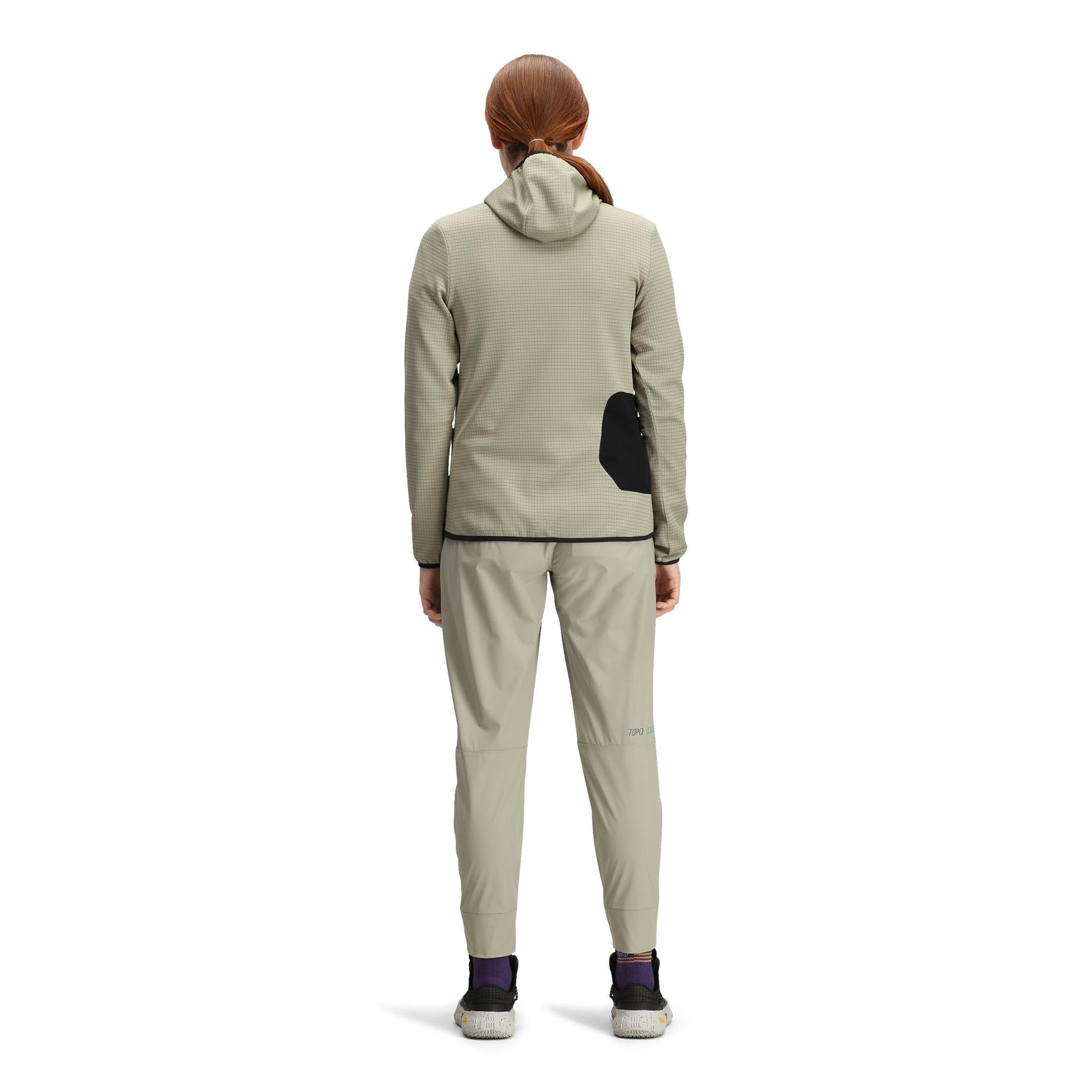 General back model shot of Topo Designs Global Midlayer Hoodie - Women's in "Dried Sage"