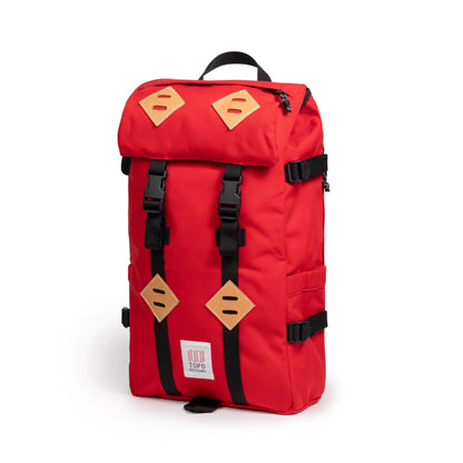 Quarter view of Topo Designs Klettersack Classic vintage-inspired rucksack backpack in "Salsa".
