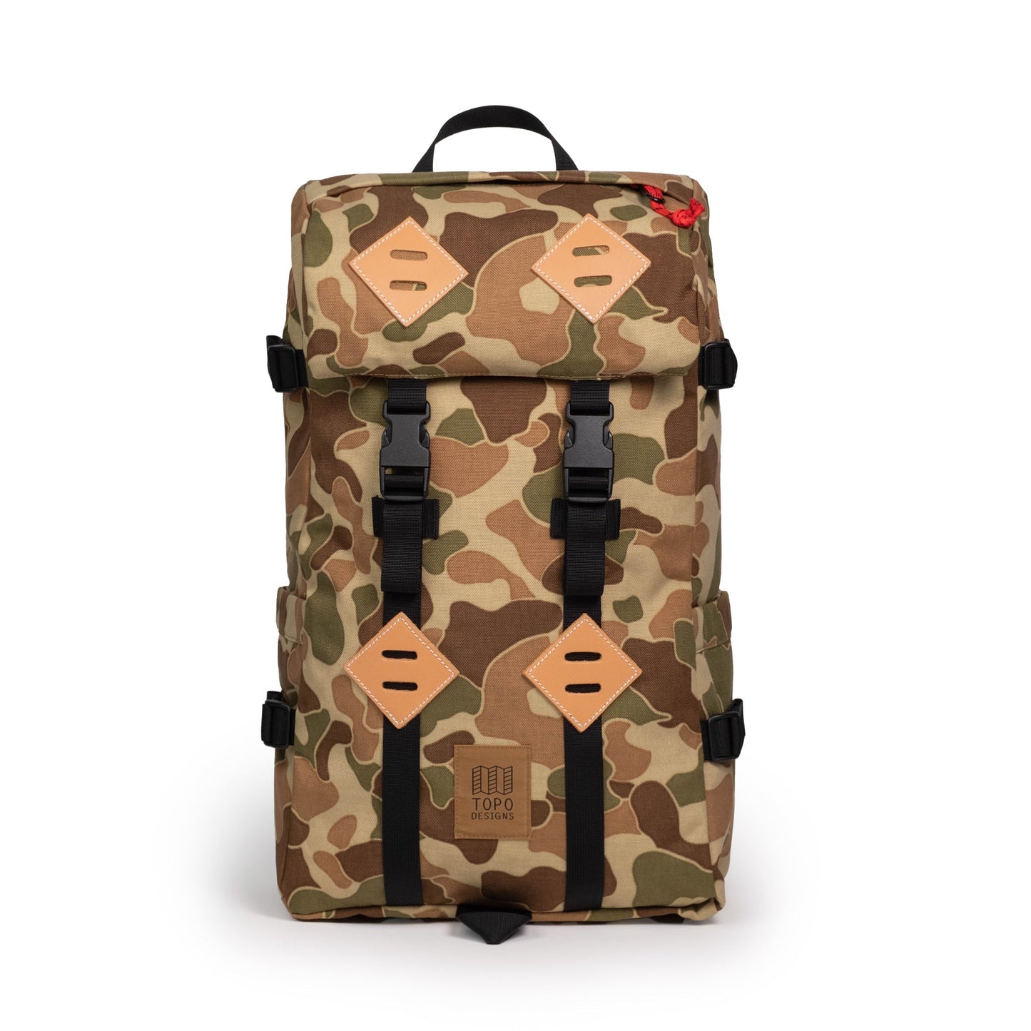 Front view of Topo Designs Klettersack Classic vintage-inspired rucksack backpack in "Duck Camo".