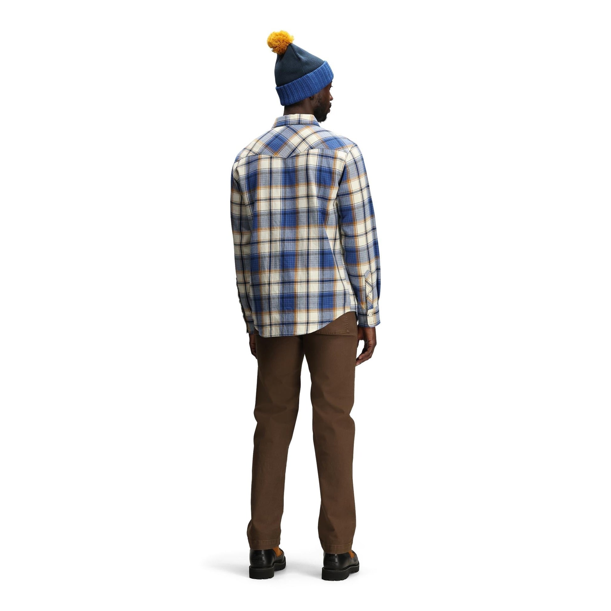 General Back model shot of Topo Designs Mountain Shirt Long Sleeve - Men's in "Midnight / Cobalt Multi"