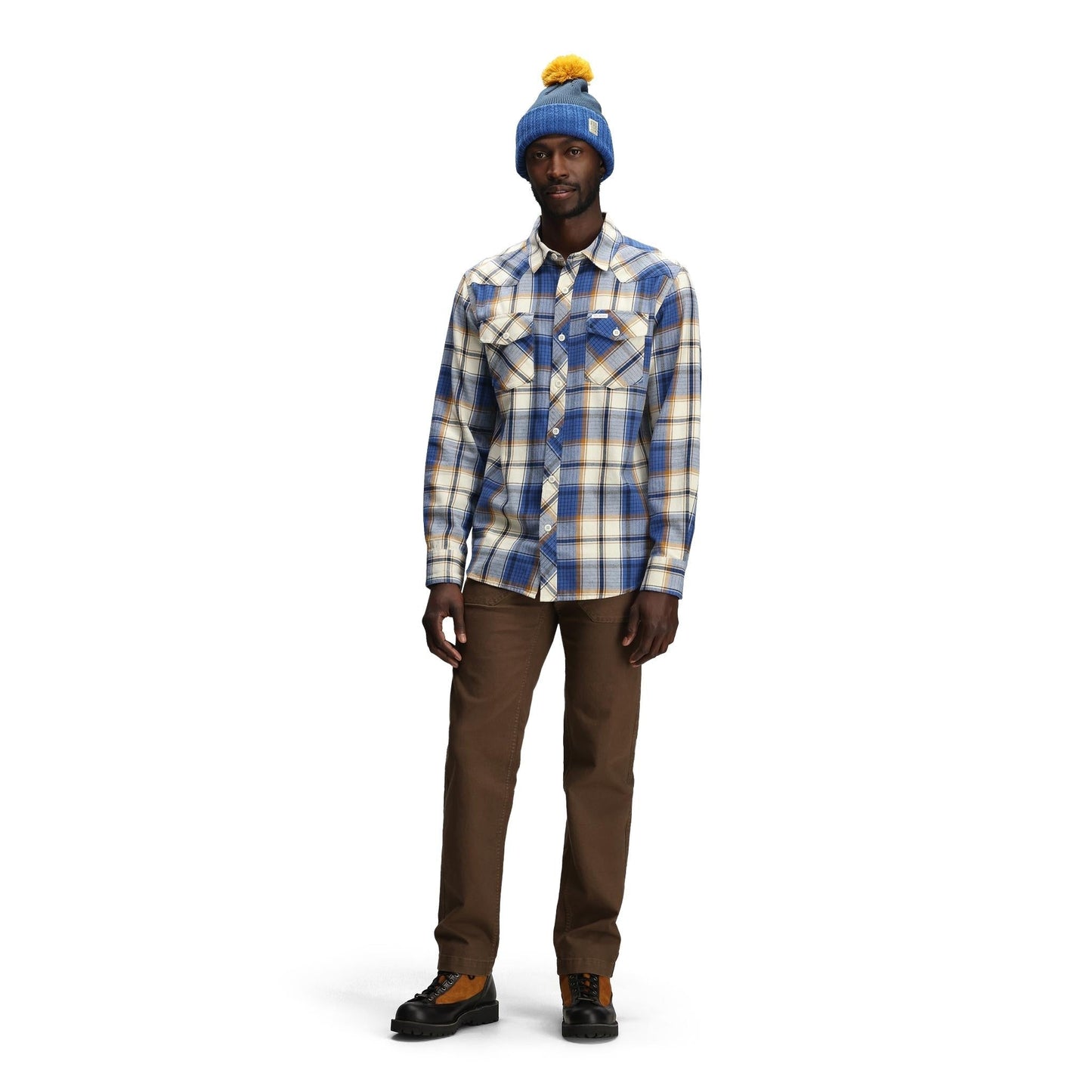 General Front model shot of Topo Designs Mountain Shirt Long Sleeve - Men's in "Midnight / Cobalt Multi"