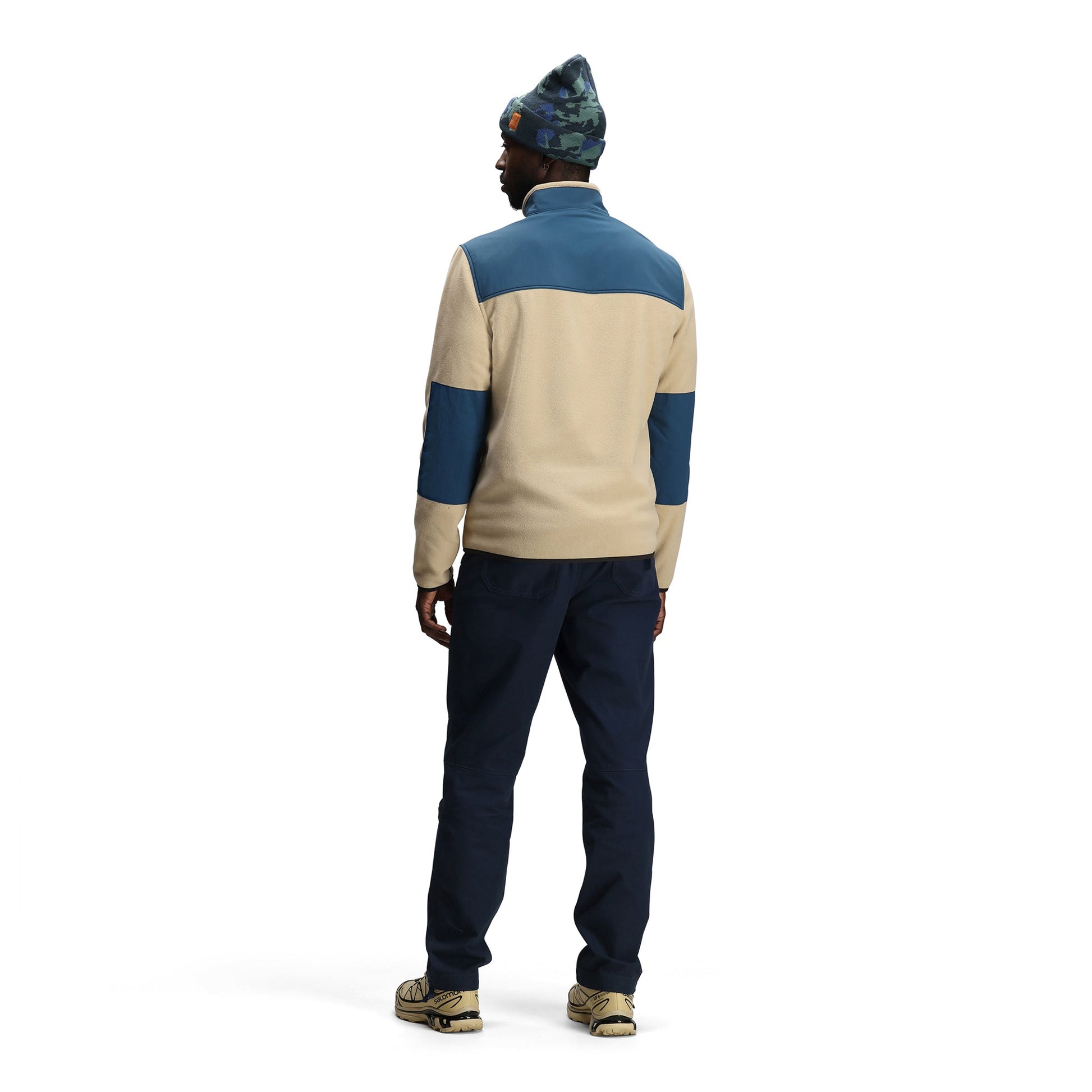 General back model shot of Topo Designs Vista 1/4 Zip Lightweight Fleece - Men's in "Oatmeal / Pond Blue"