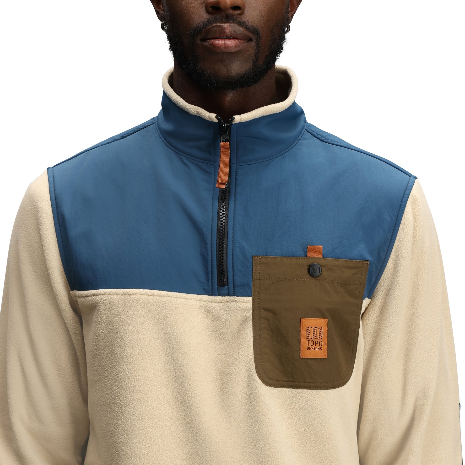 General Detail shot of Topo Designs Vista 1/4 Zip Lightweight Fleece - Men's in "Oatmeal / Pond Blue"