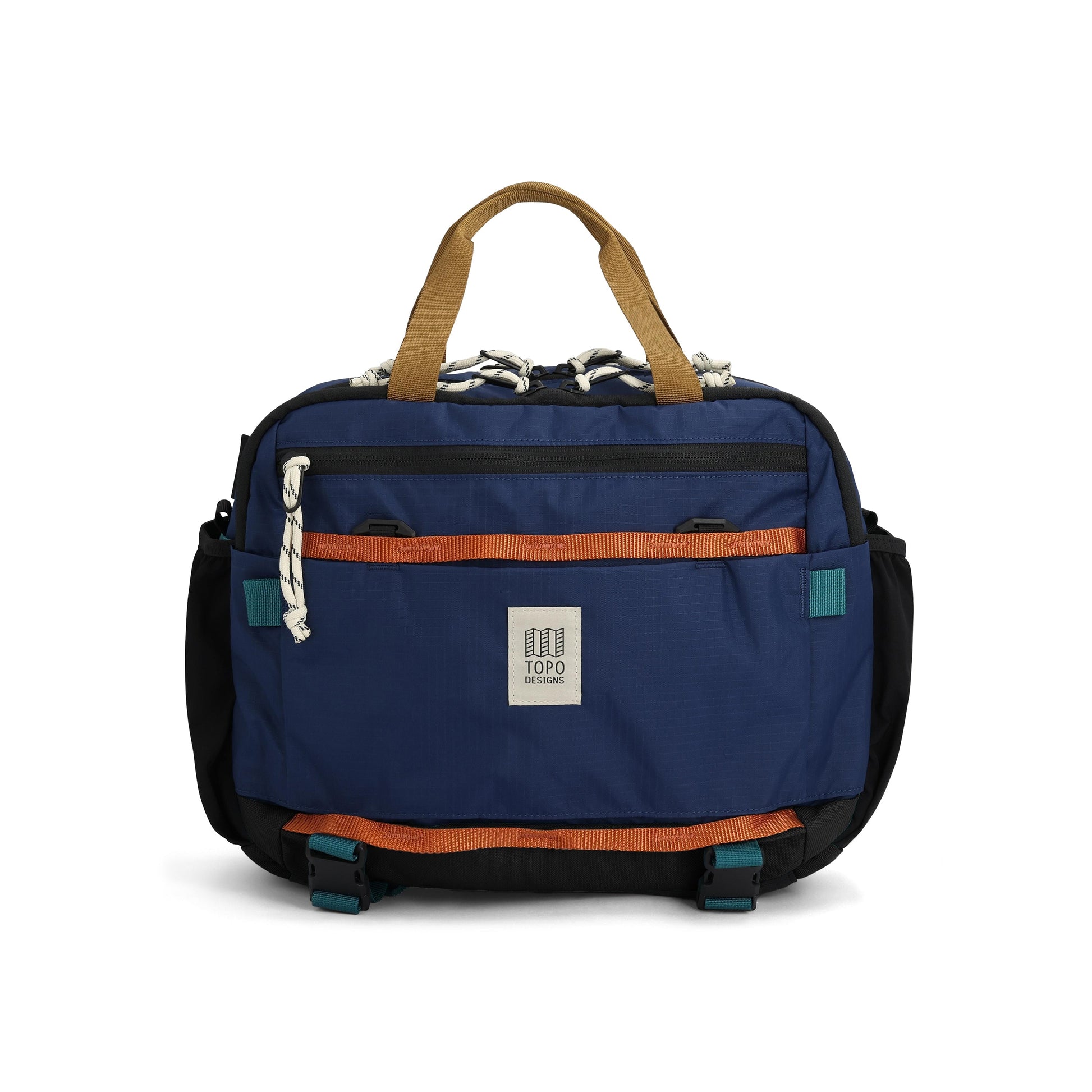 Front View of Topo Designs Mountain Cross Bag in "Midnight / Caribbean"