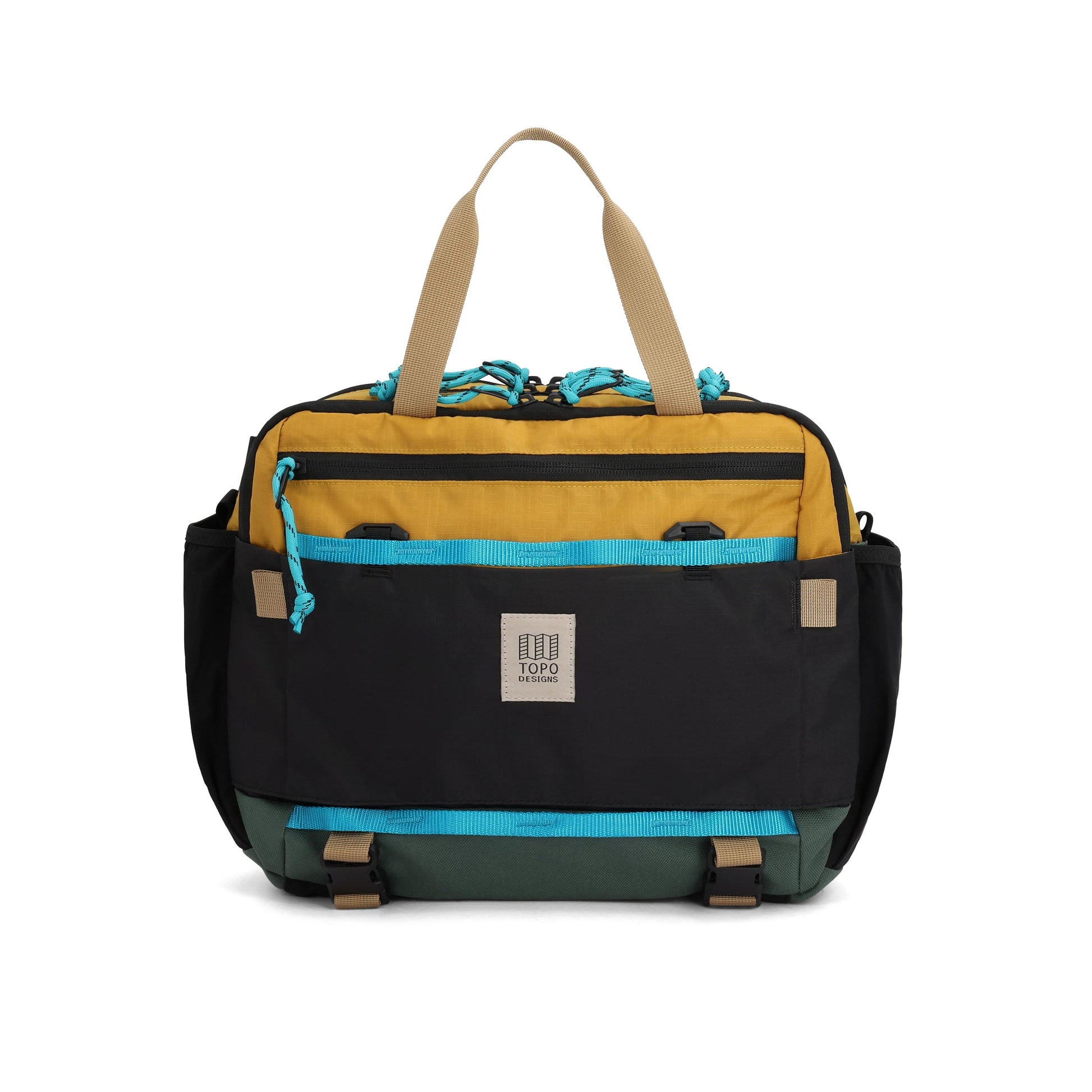 Front View of Topo Designs Mountain Cross Bag in "Mustard / Forest"