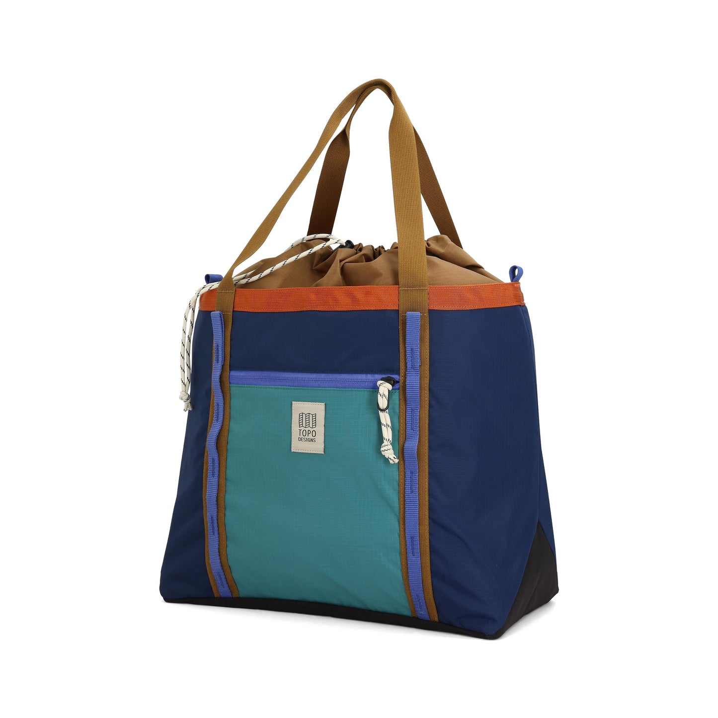 Front View of Topo Designs Mountain Utility Tote in "Midnight / Caribbean"