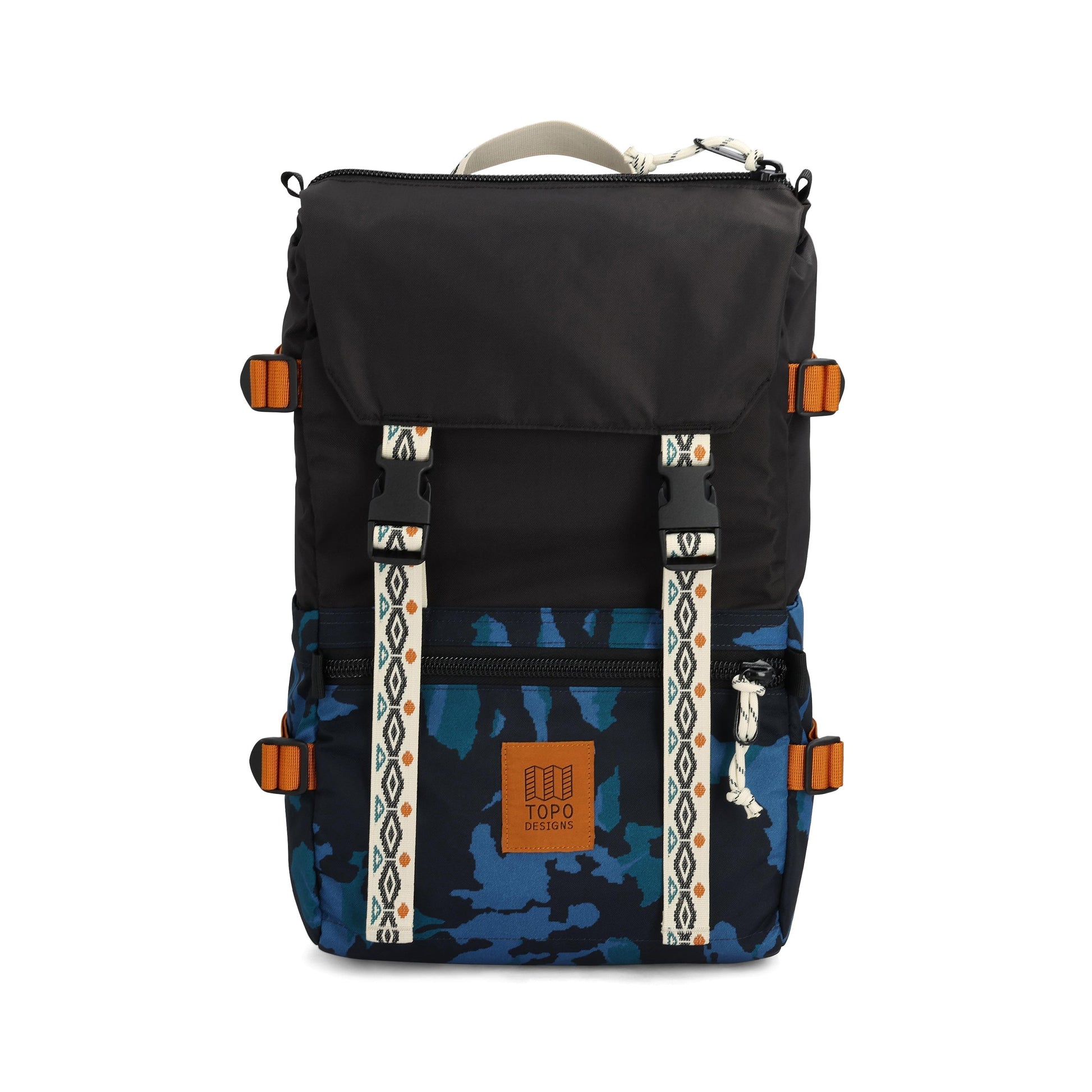 Front View of Topo Designs Rover Pack Classic in "Black / Tectonic"