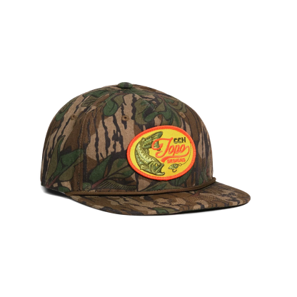Front quarter shot of Topo Designs x CCH x Pine Printshop Rope Cap in "Mossy Oak Greenleaf"