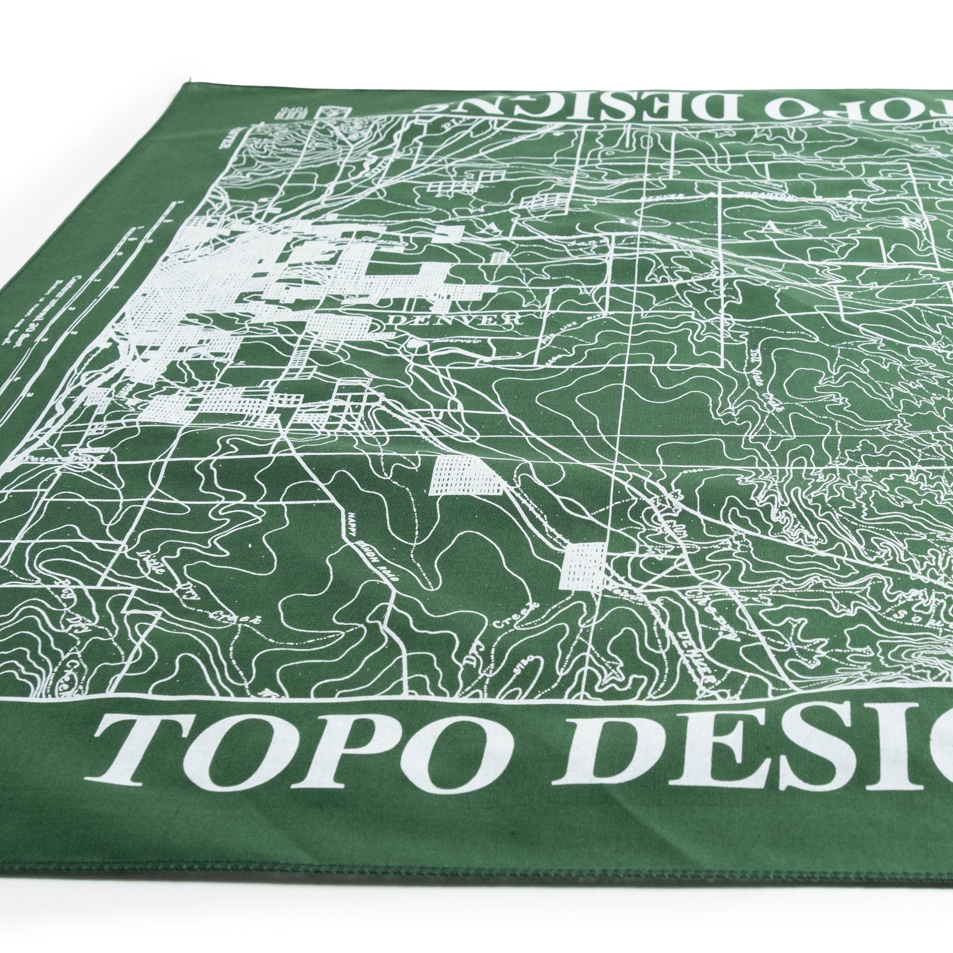 Topo Designs x Pine Printshop Bandana in "Denver Forest" flat lay detail