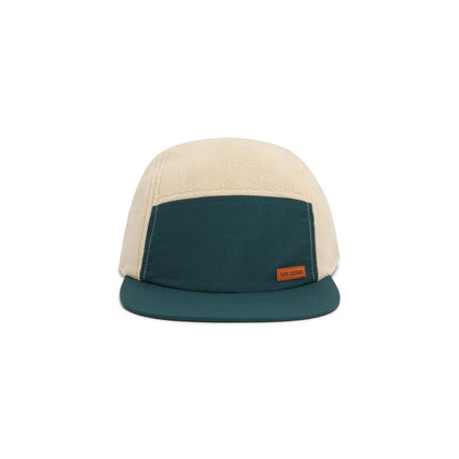 Front View of Topo Designs Full Dome Fleece Cap in "Oatmeal / Pond Blue"