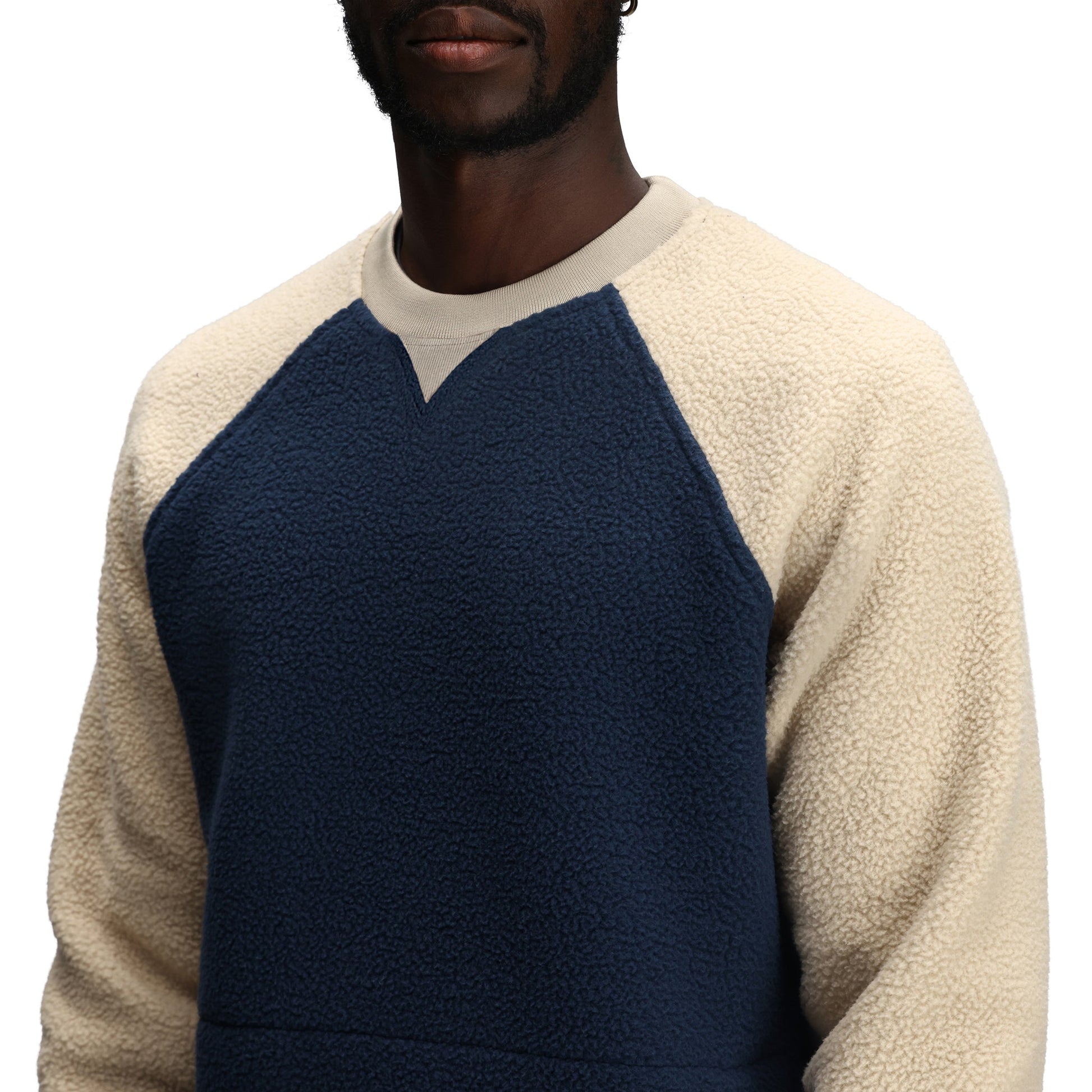 General Detail shot of Topo Designs Mountain Fleece Crewneck - Unisex in "Midnight / Oatmeal"