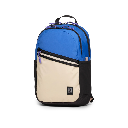 Front Quarter View of Topo Designs Commuter Backpack in "Classic Blue / Bone White"