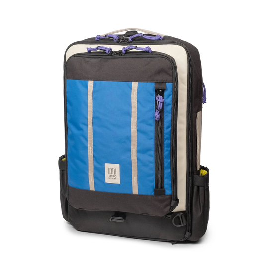 Topo Designs Global Travel Bag 30L Durable Carry On Convertible Laptop Travel Backpack in "Classic Blue / Bone White".