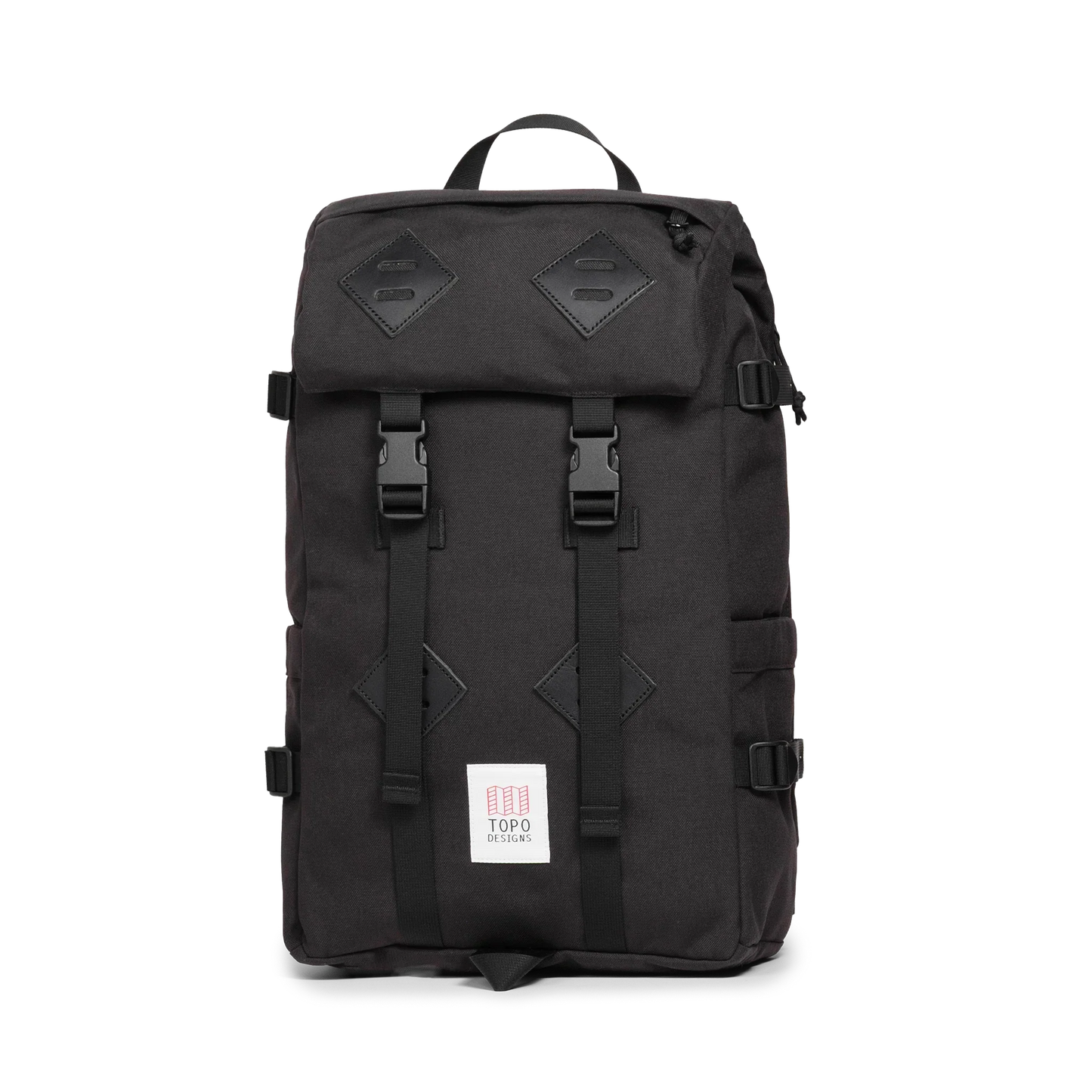 Quarter view of Topo Designs Klettersack Classic vintage-inspired rucksack backpack in "Black".