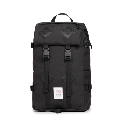 Quarter view of Topo Designs Klettersack Classic vintage-inspired rucksack backpack in "Black".