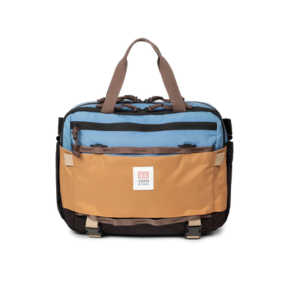 Front View of Topo Designs Mountain Cross Bag in "River Blue / Brown Oak"