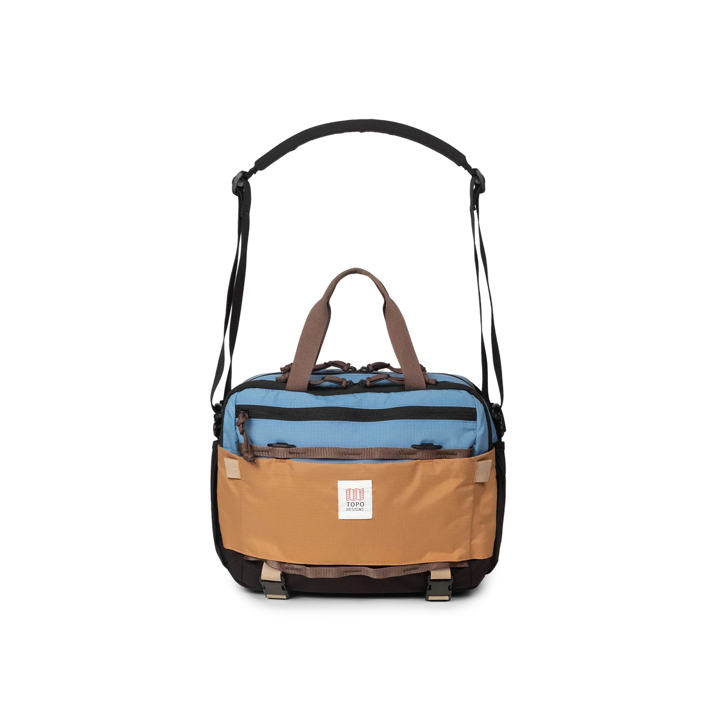 Front View of Topo Designs Mountain Cross Bag in "River Blue / Brown Oak"