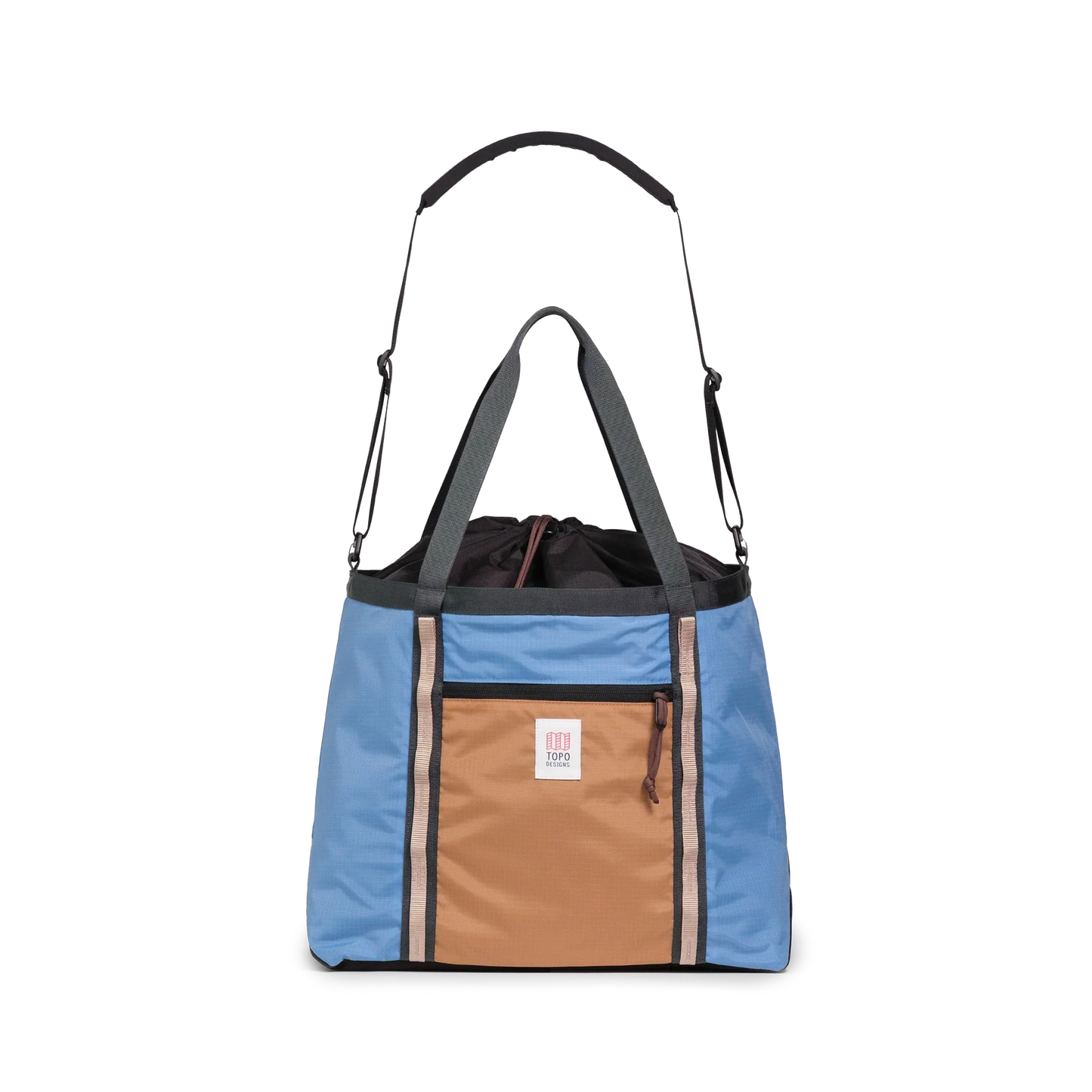 Front View of Topo Designs Mountain Utility Tote in "River Blue / Brown Oak"