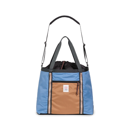Front View of Topo Designs Mountain Utility Tote in "River Blue / Brown Oak"