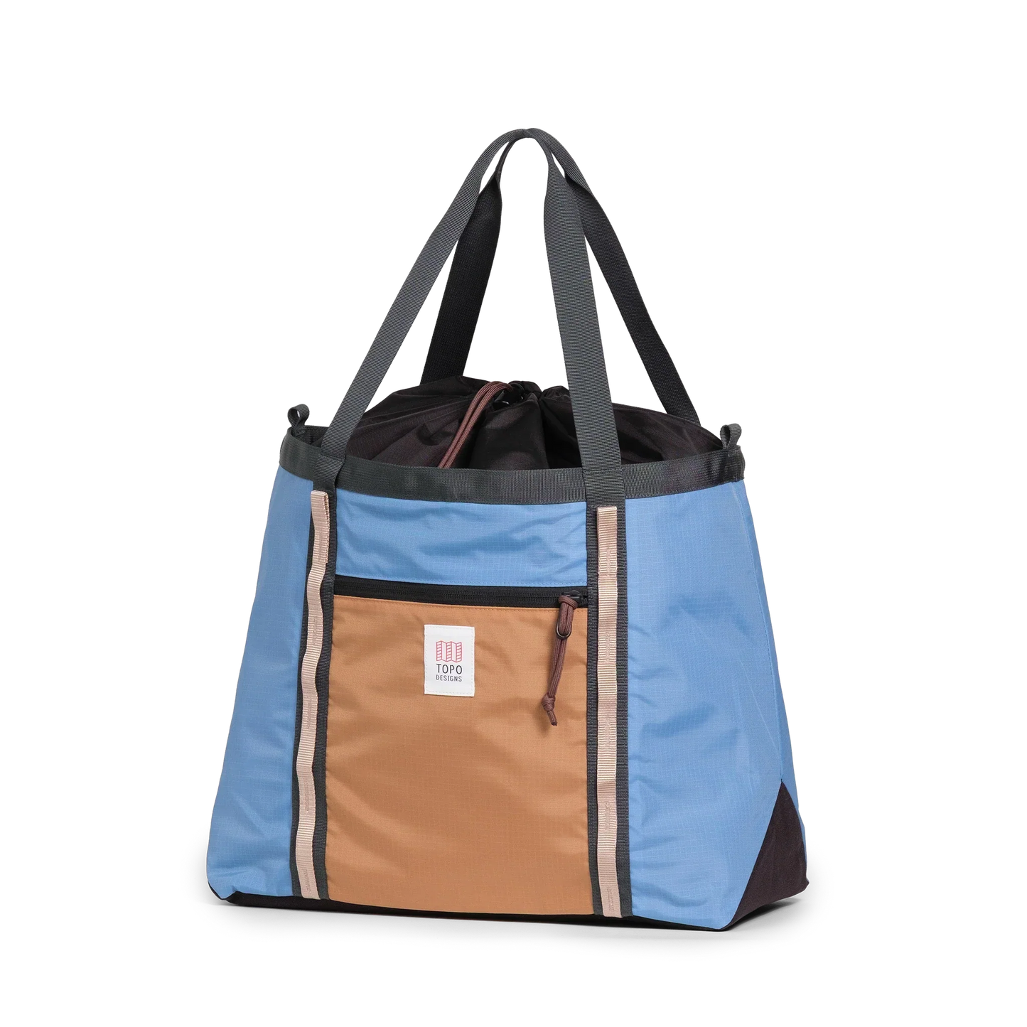 Front View of Topo Designs Mountain Utility Tote in "River Blue / Brown Oak"