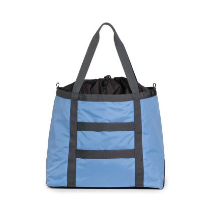 Back View of Topo Designs Mountain Utility Tote in "River Blue / Brown Oak"
