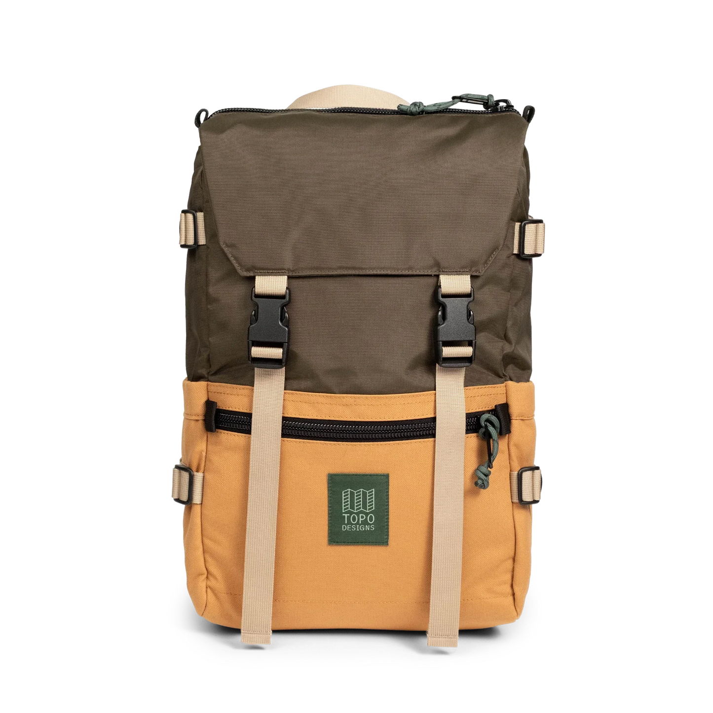 Front View of Topo Designs Rover Pack Classic in "Woodland / Brown Oak"