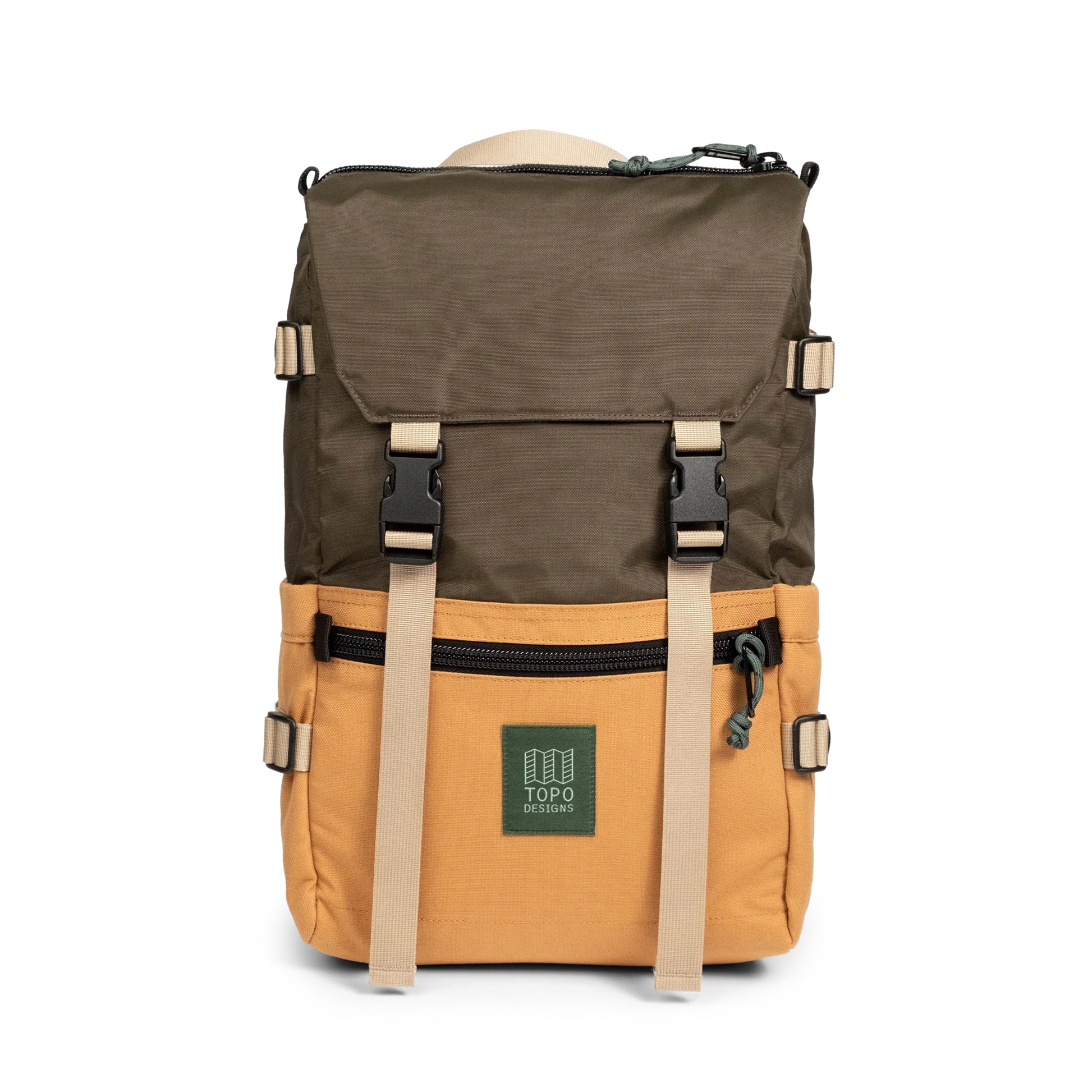 Front View of Topo Designs Rover Pack Classic in "Woodland / Brown Oak"