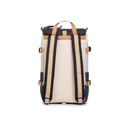 Back View of Topo Designs Rover Pack Mini in "Bone White / Pond Blue"