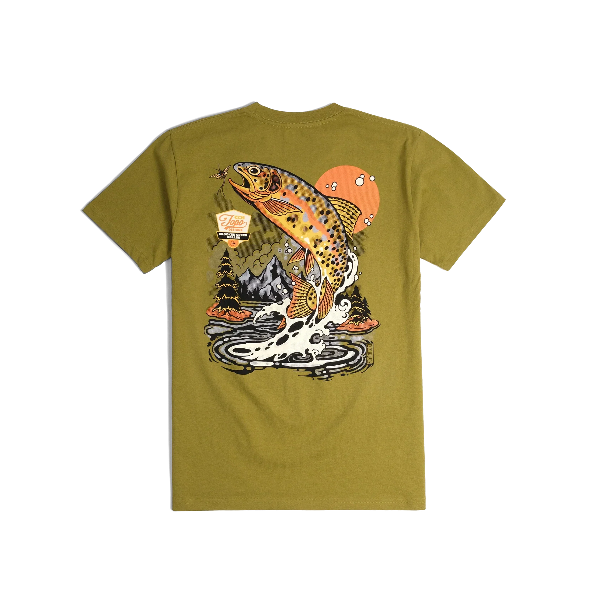 Back shot of Topo Designs x CCH x Pine Printshop Golden Trout Tee in "Moss"