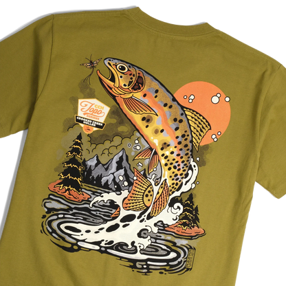 Back detail shot of Topo Designs x CCH x Pine Printshop Golden Trout Tee in "Moss"
