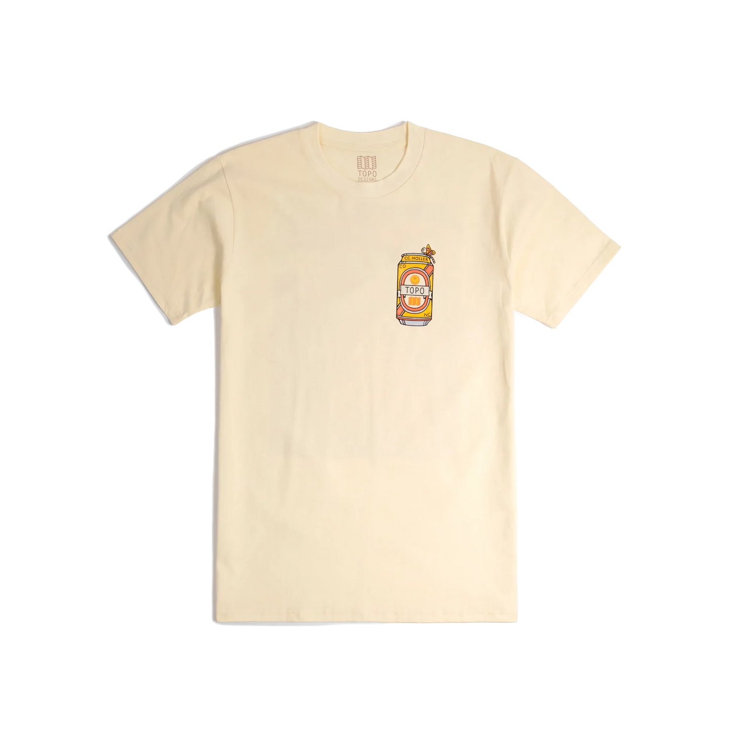 Front shot of Topo Designs x CCH x Pine Printshop Urban Angler Tee in "Butter"