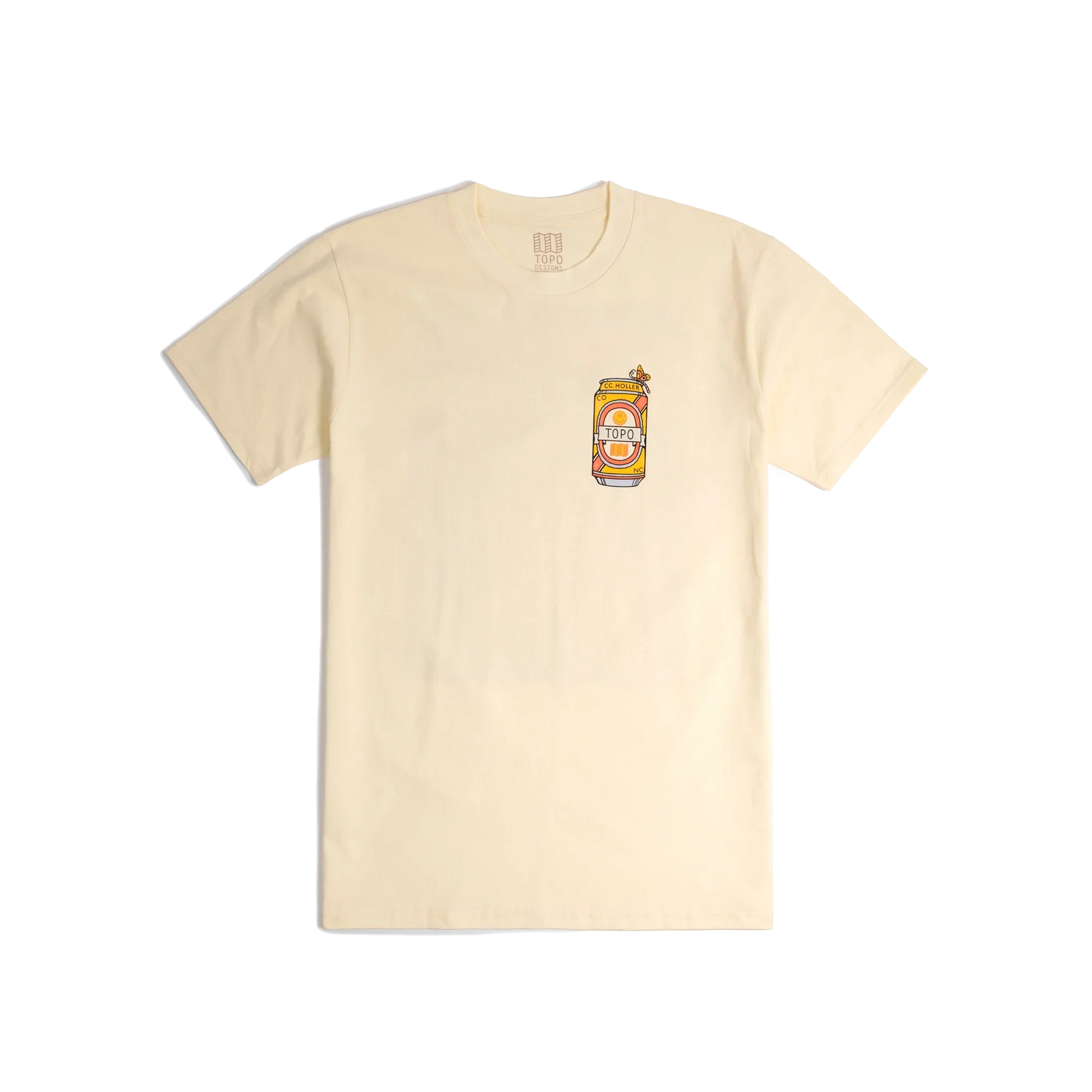 Front shot of Topo Designs x CCH x Pine Printshop Urban Angler Tee in "Butter"