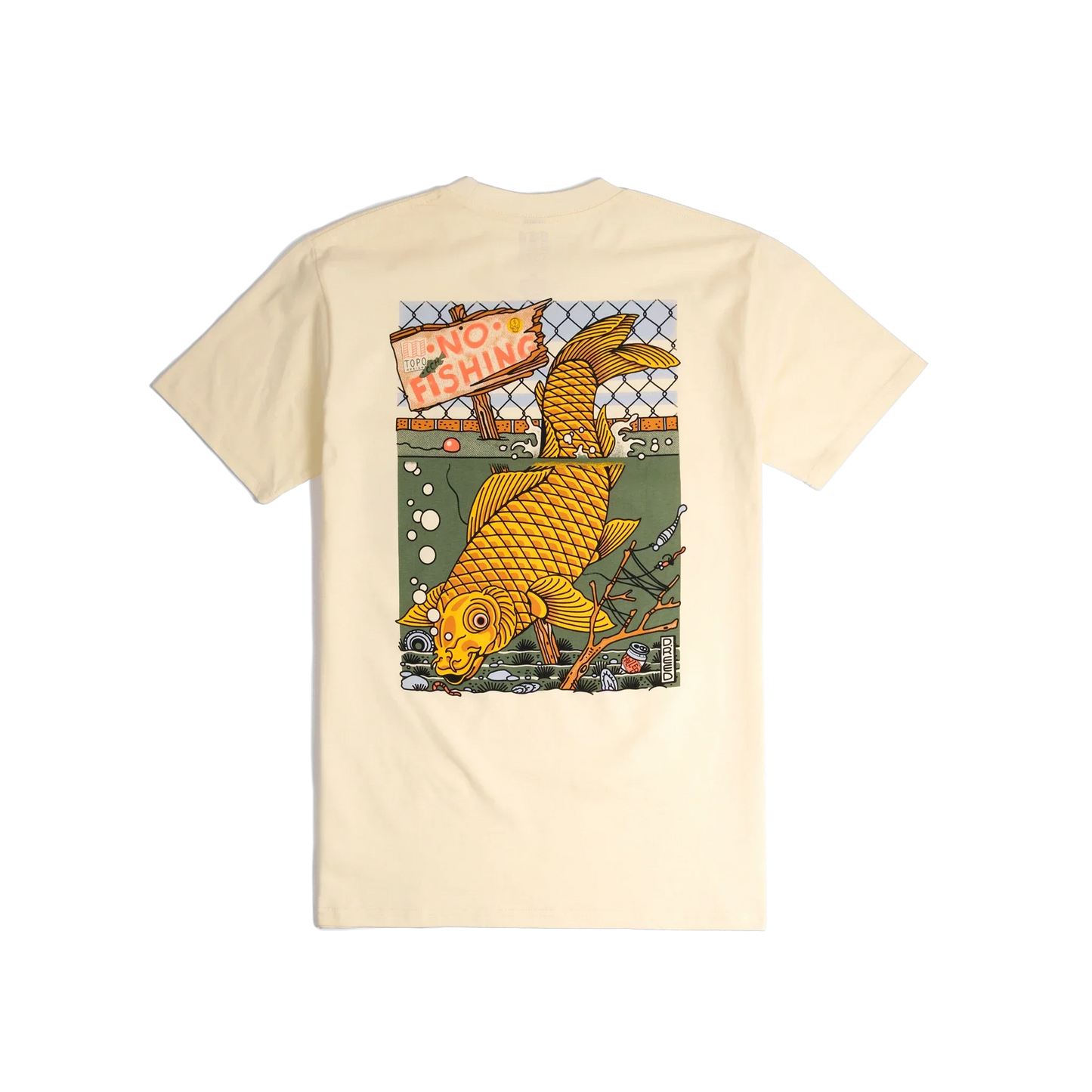 Back shot of Topo Designs x CCH x Pine Printshop Urban Angler Tee in "Butter"