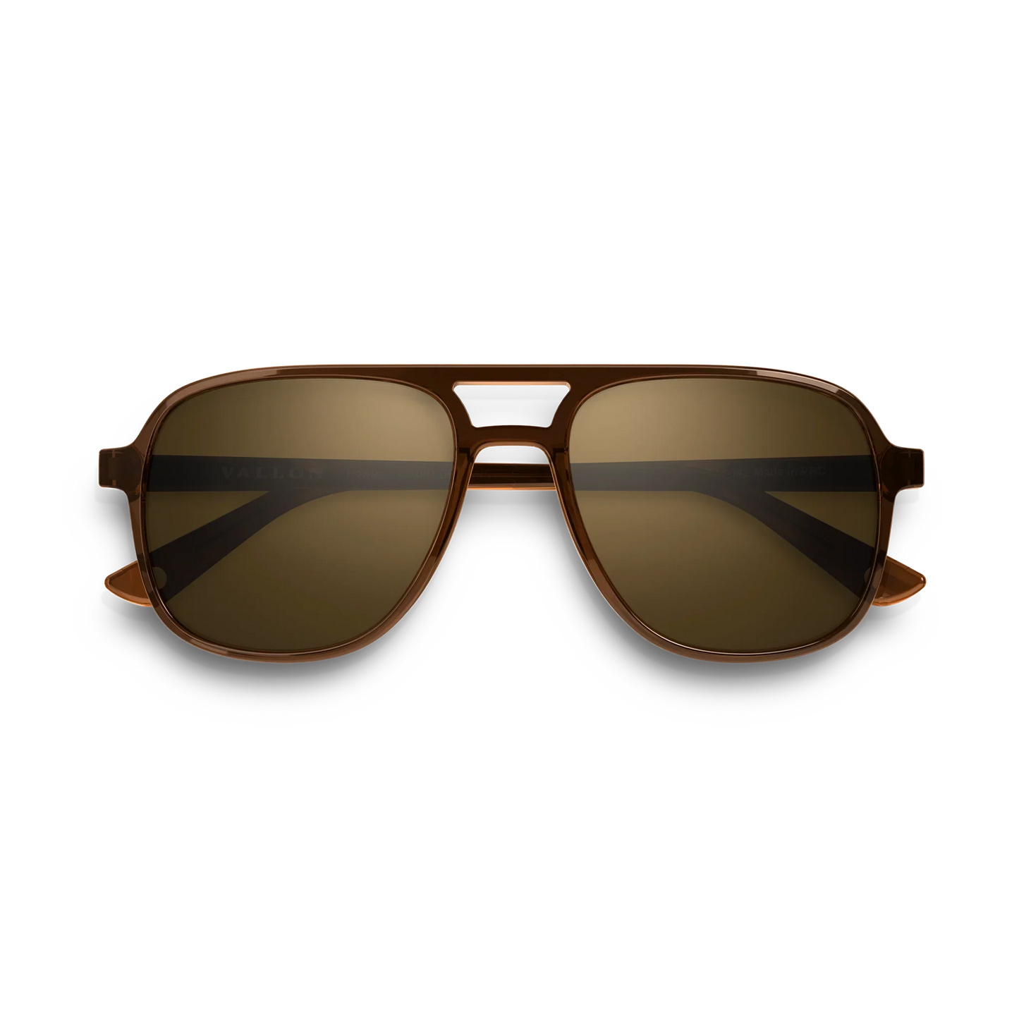 General front view of VALLON X Topo Designs sunglasses in "Brown / Brown" with sunglass arms closed.
