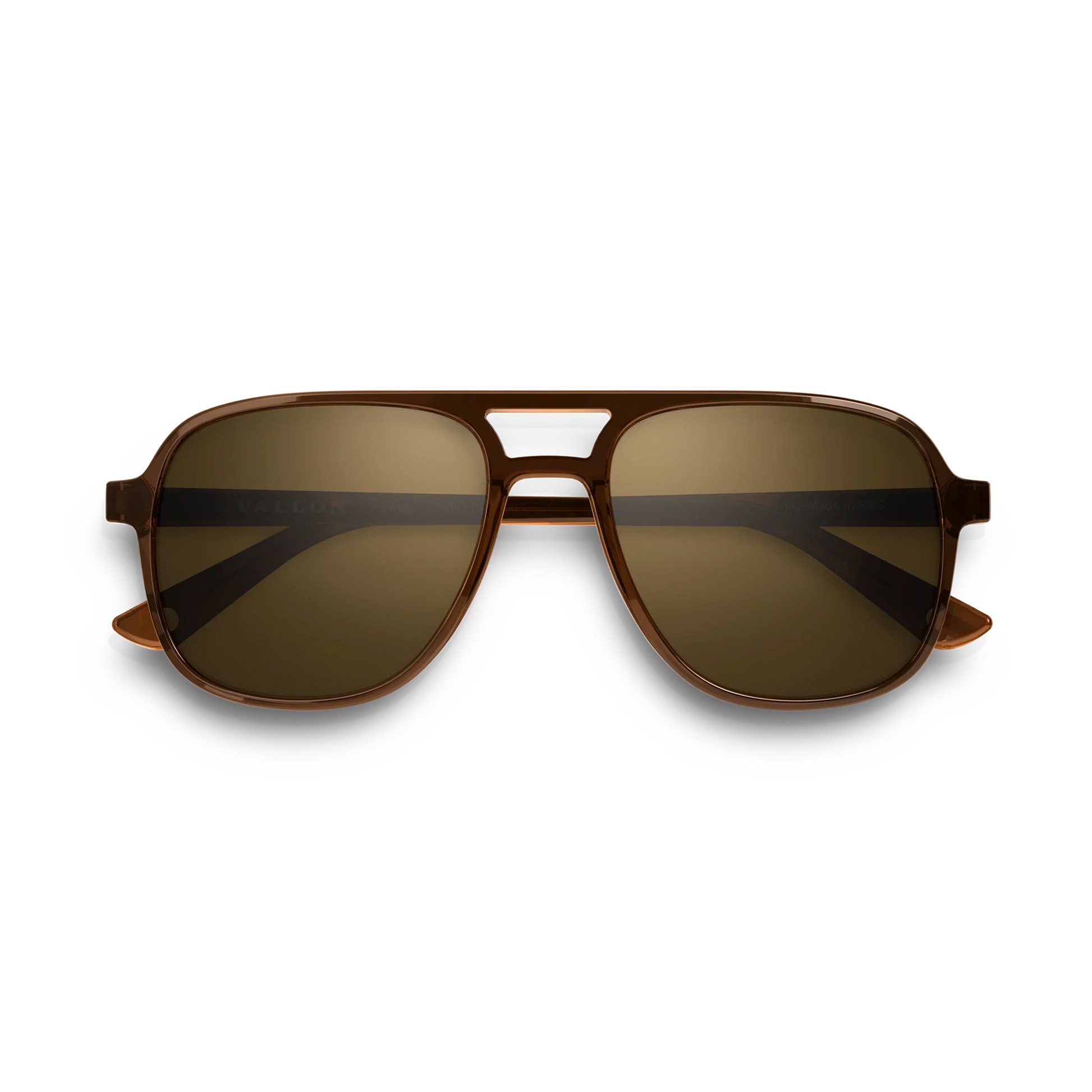 General front view of VALLON X Topo Designs sunglasses in "Brown / Brown" with sunglass arms closed.