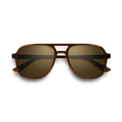 General front view of VALLON X Topo Designs sunglasses in "Brown / Brown" with sunglass arms closed.