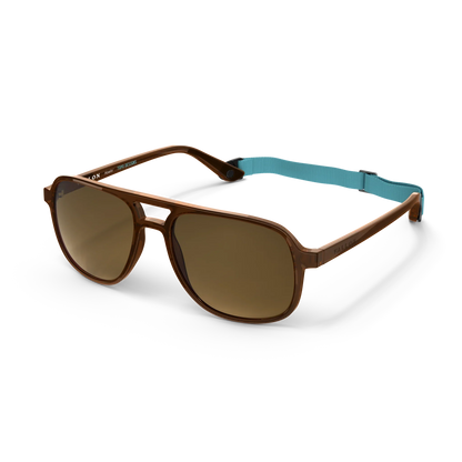 General angled view of VALLON X Topo Designs sunglasses in "Brown / Brown" with sunglass arms open and strap attached.
