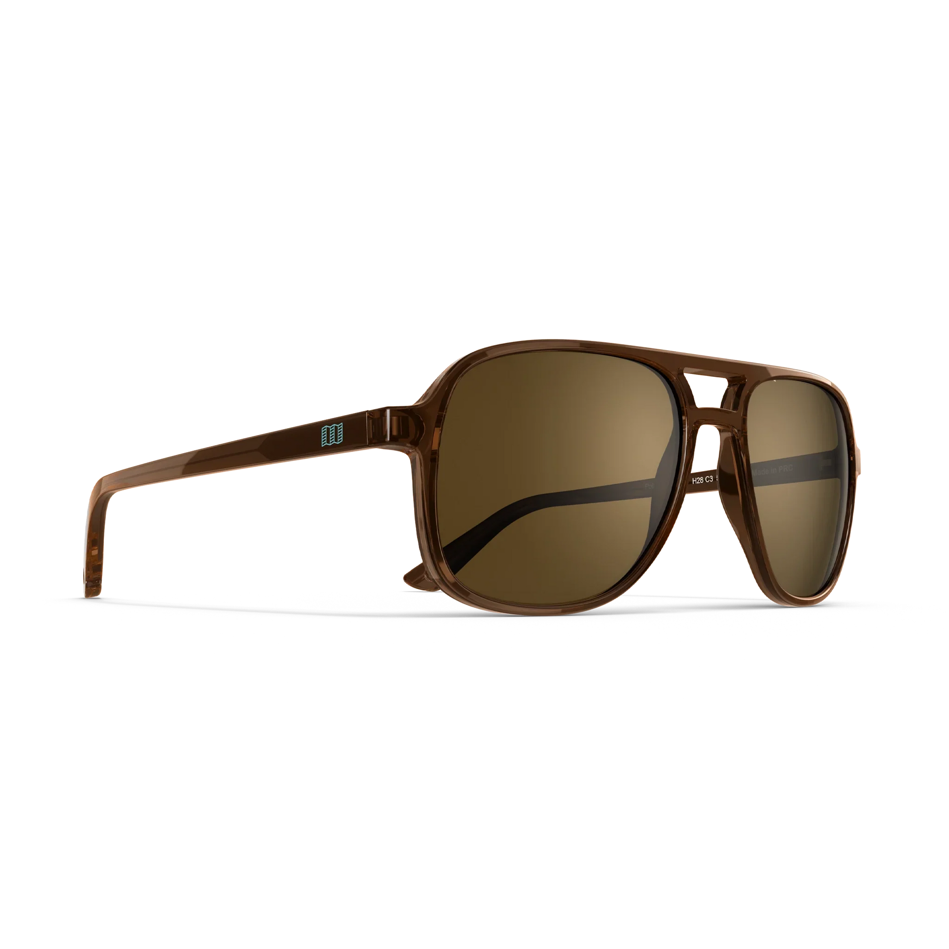 General alternate angled view of VALLON X Topo Designs sunglasses in "Brown / Brown" with sunglass arms open.