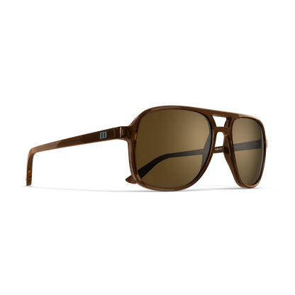 General alternate angled view of VALLON X Topo Designs sunglasses in "Brown / Brown" with sunglass arms open.