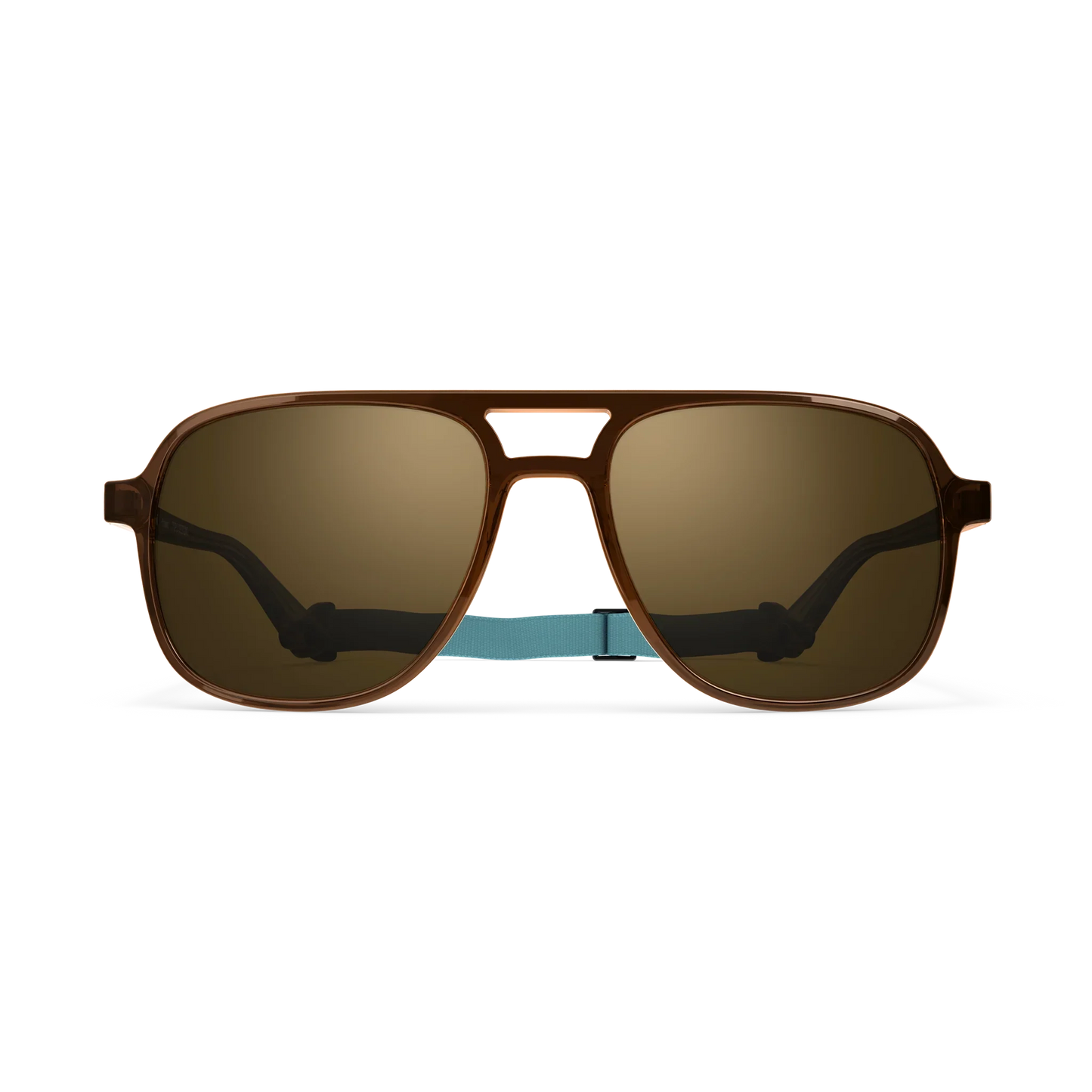 General front view of VALLON X Topo Designs sunglasses in "Brown / Brown" with sunglass arms open and strap attached.