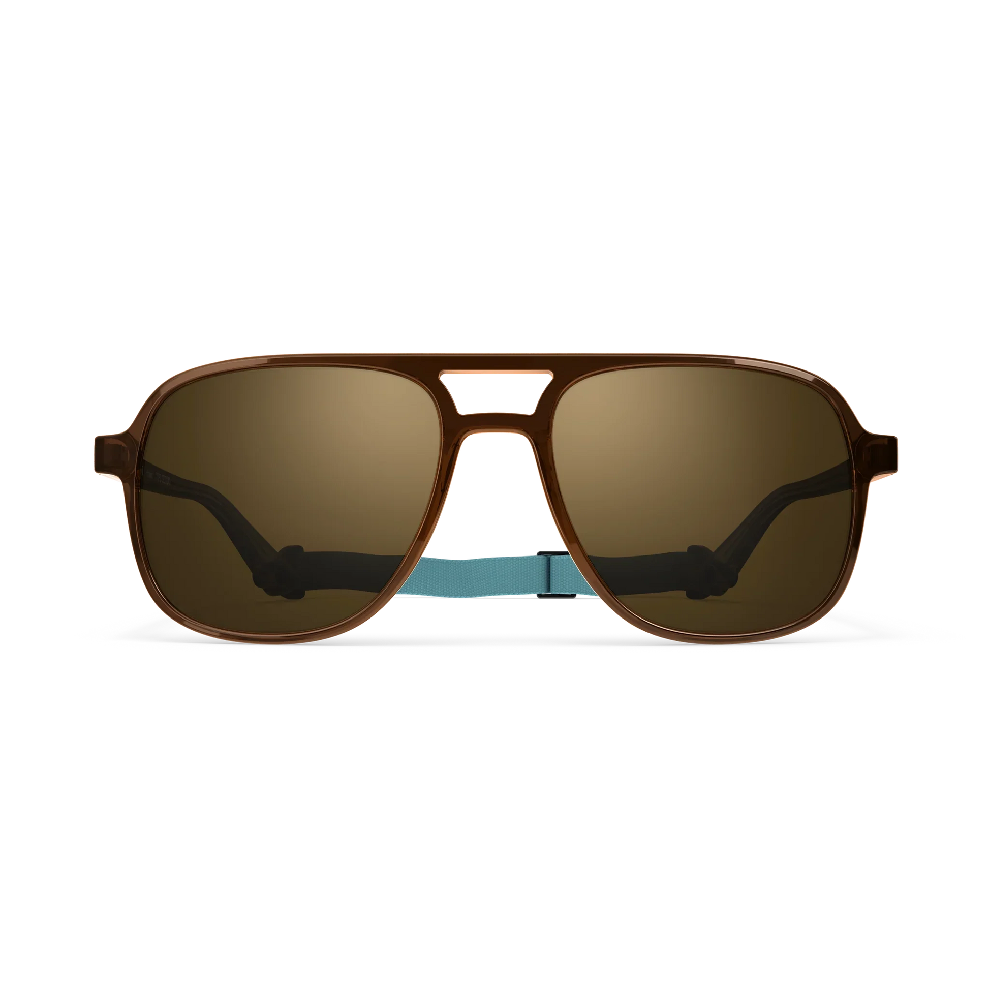 General front view of VALLON X Topo Designs sunglasses in "Brown / Brown" with sunglass arms open and strap attached.