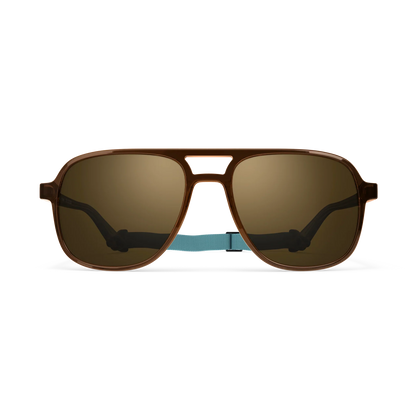 General front view of VALLON X Topo Designs sunglasses in "Brown / Brown" with sunglass arms open and strap attached.