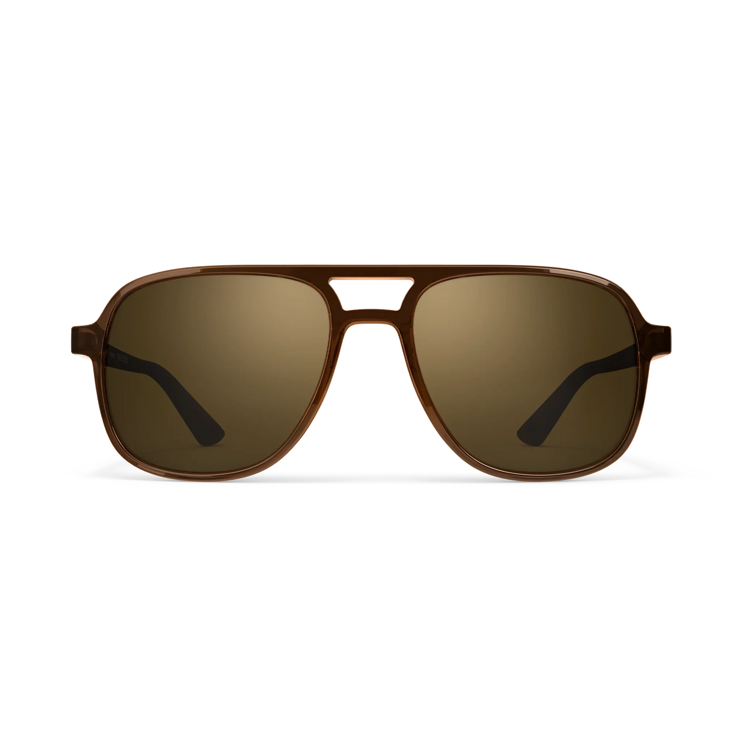General front view of VALLON X Topo Designs sunglasses in "Brown / Brown" with sunglass arms open.