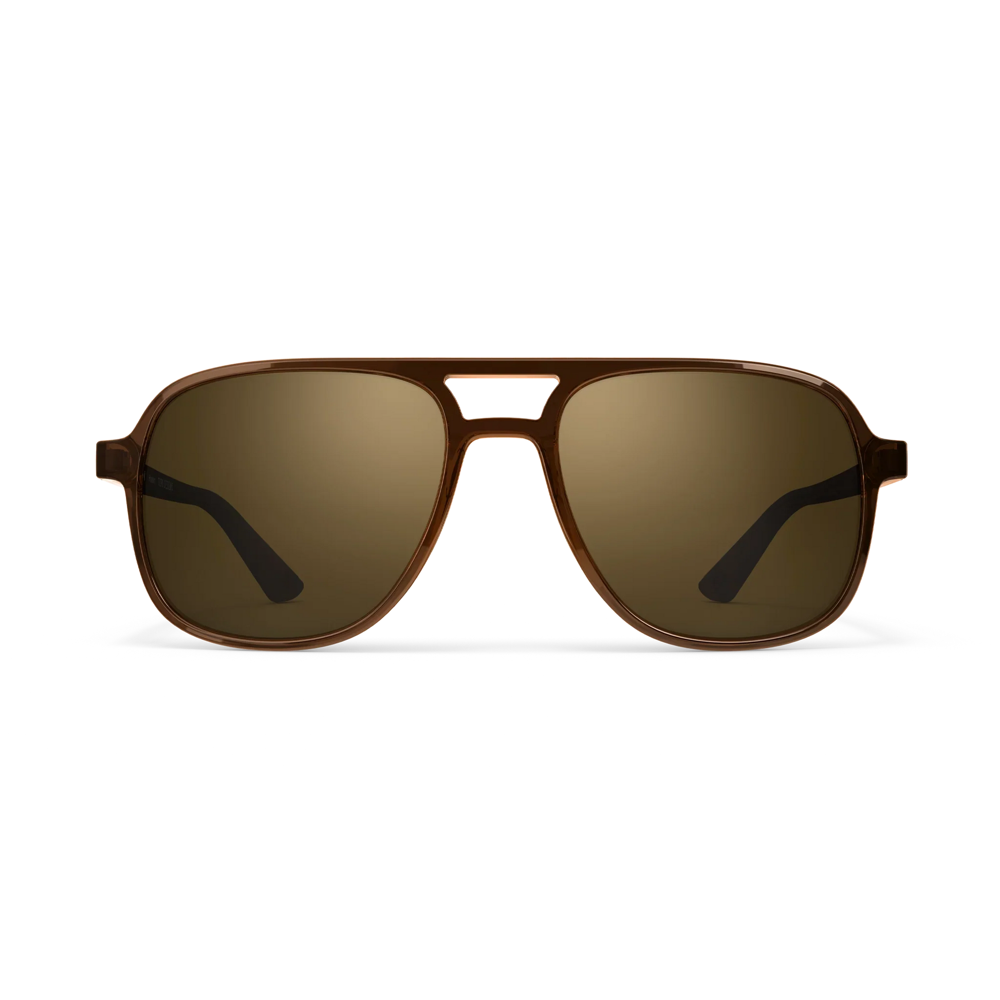 General front view of VALLON X Topo Designs sunglasses in "Brown / Brown" with sunglass arms open.