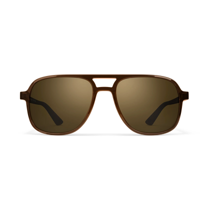 General front view of VALLON X Topo Designs sunglasses in "Brown / Brown" with sunglass arms open.